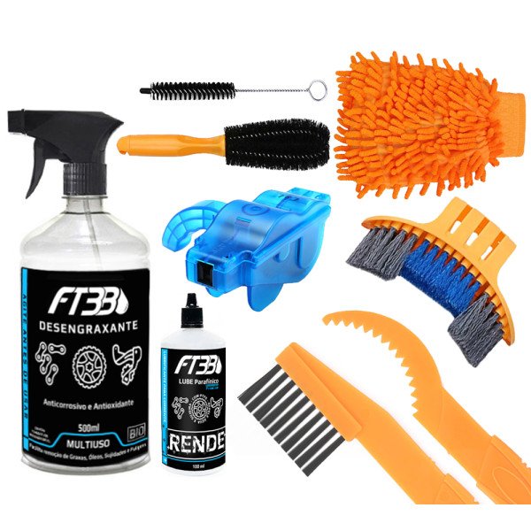Kit Limpeza Bike 9 em 1 Escovas Desengraxante e Lube Cera