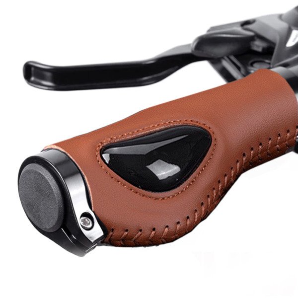 Manopla de Bike Premium em Couro Marrom com Gel Antishock